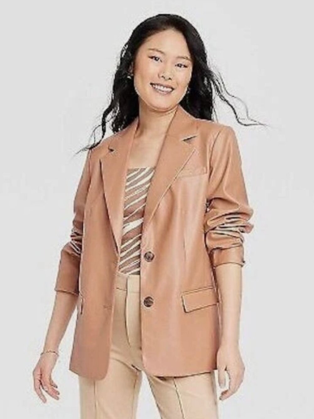 A New Day Faux Leather Blazer Jacket Tan Cognac Brown Two Button Small Oversized
